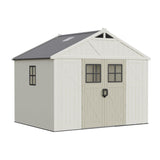 Greesum 10×8 FT Plastic Outdoor Storage Shed with Floor and Lockable Door, Resin Sheds with Windows and Skylights, Weather Resistant Organization for Garden, Lawn, Pool Supplies, Beige Greesum