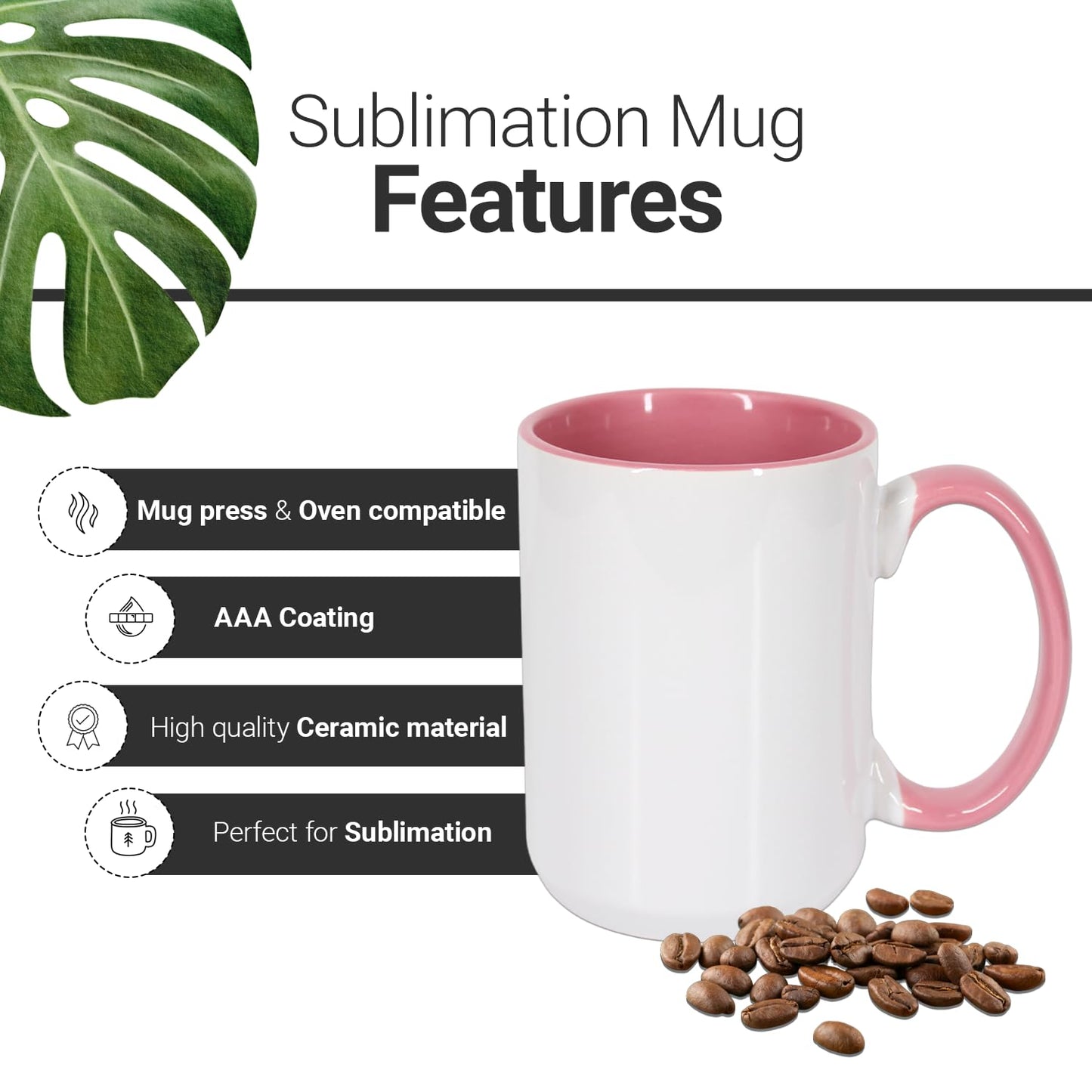 SDN Custom 15 oz AAA Coated White Sublimation Ceramic Mug with Inner Color and Pink Handle - Blank Ceramic Coffee Cups Set for Printing and DIY Gifts – Oven and Mug Press Compatible (6 Pack)