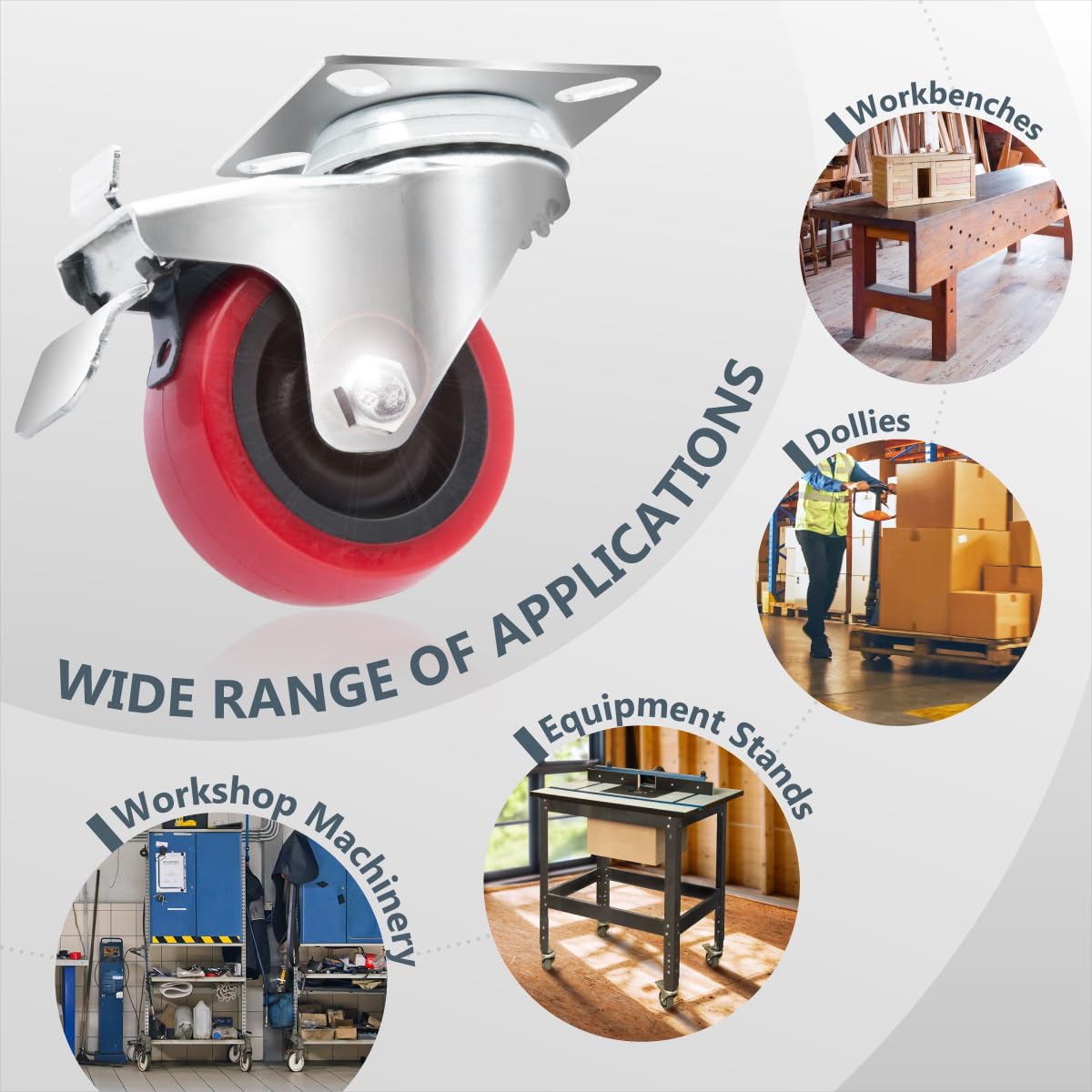 POWERTEC 2 Inch Swivel Caster Wheels Set of 4 with 400 lbs Loads, Heavy Duty Plate Casters (2 with Brakes & 2 without), PU Castor Wheels for Furniture, Cart, Dolly and Workbenches (17212) POWERTEC