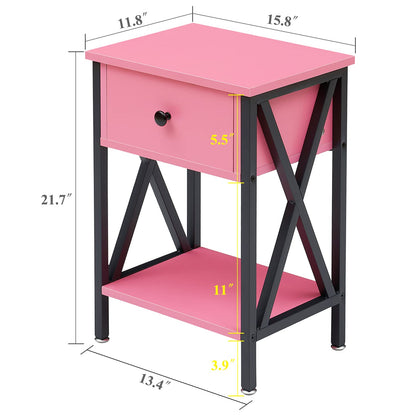 VECELO Nightstands Set of 2, Modern Bedside End Tables, Night Stands with Drawer and Storage Shelf for Living Room Bedroom, Industrial Metal Frame