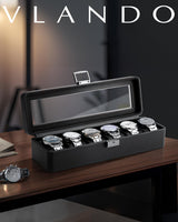 Vlando Watch Case for Fathers Day Gifts, 6-Slot Watch Box for Men with Glass Lid, Lockable, Business Textured Leather, Soft Pillow, Gifts for Dad, Husband, Friends - Black Vlando