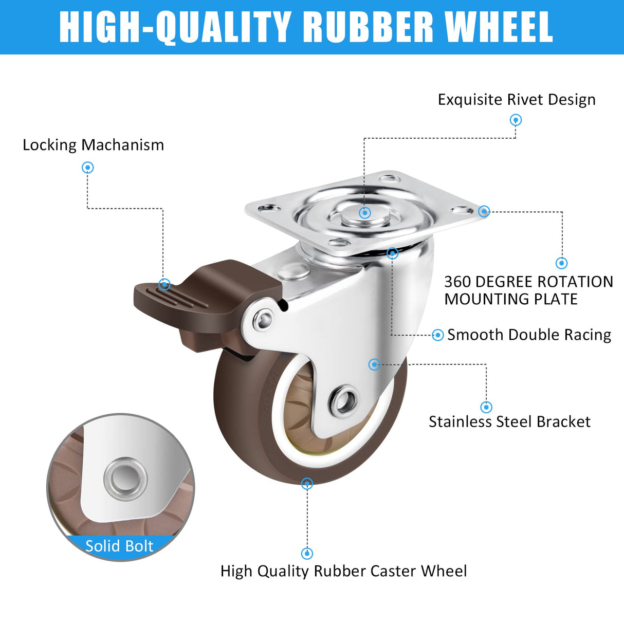 Nefish 2 Inch Swivel Caster Wheels for Furniture Rubber Casters Set of 4 Heavy Duty of 600 Lbs No Noise Locking Plate Castors Safe for Hardwood Floor & Carpet (2 with Brake and 2 Without) Nefish