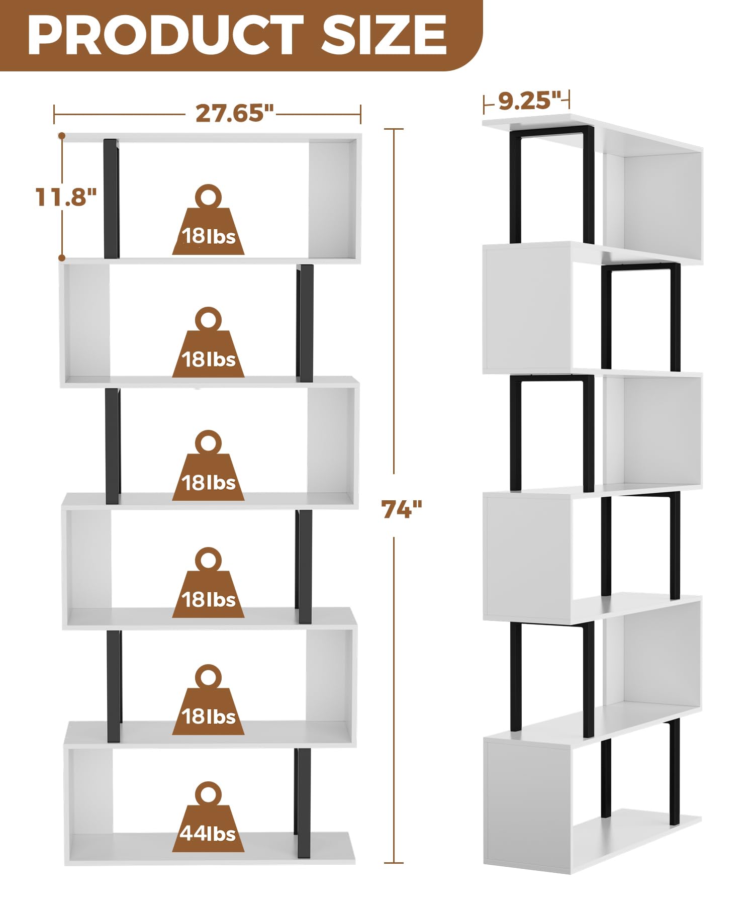 Gadroad 6-Tier S-Shaped Geometric Bookcase in White - Modern Decorative Storage Shelving for Home - WoodArtSupply