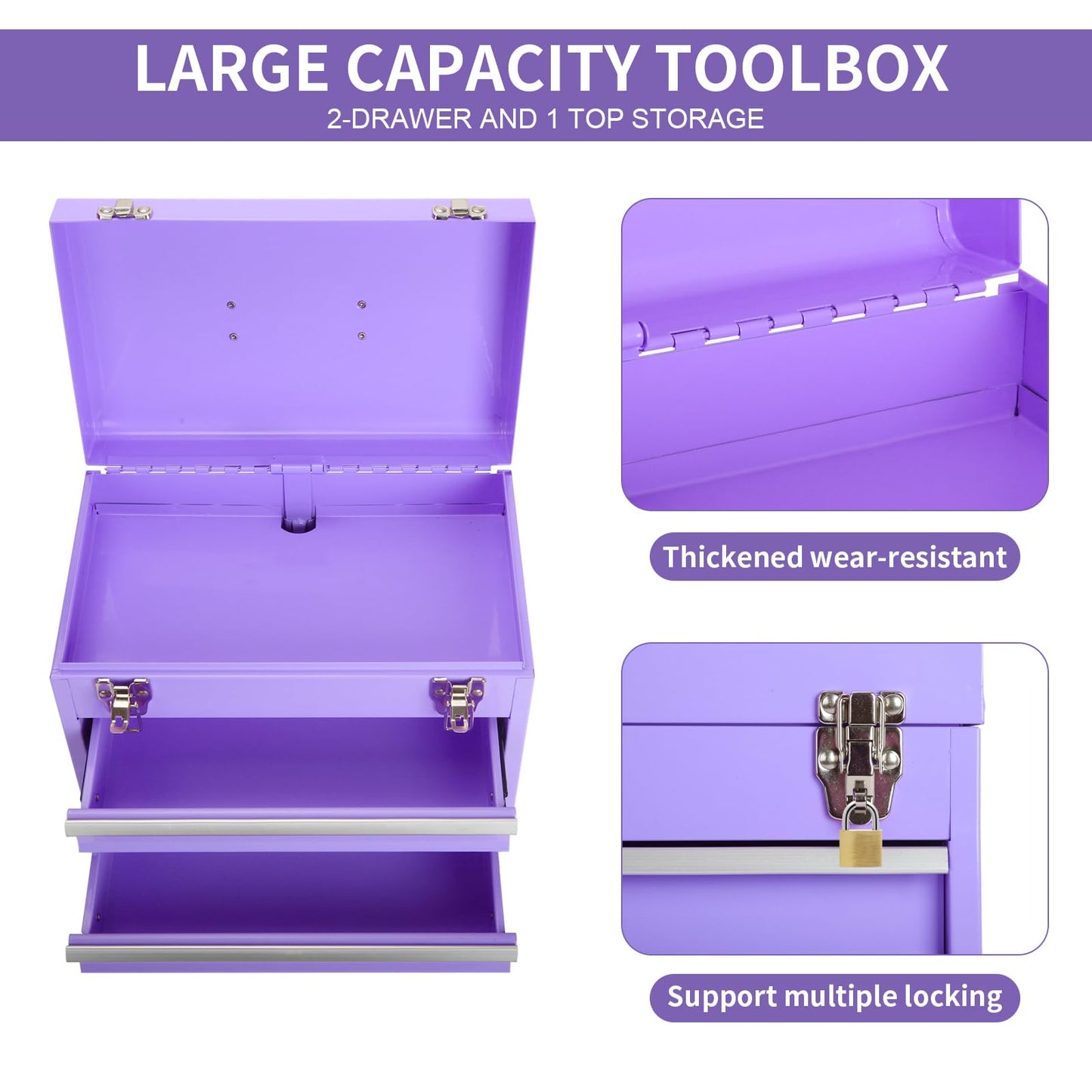 14 Inch Steel Portable Tool Box with drawers - Tool Storage Box Organizer with Metal Latch Closur - Powder Coated Toolbox Chest for Tools Storage Cabinet (PURPLE) - WoodArtSupply