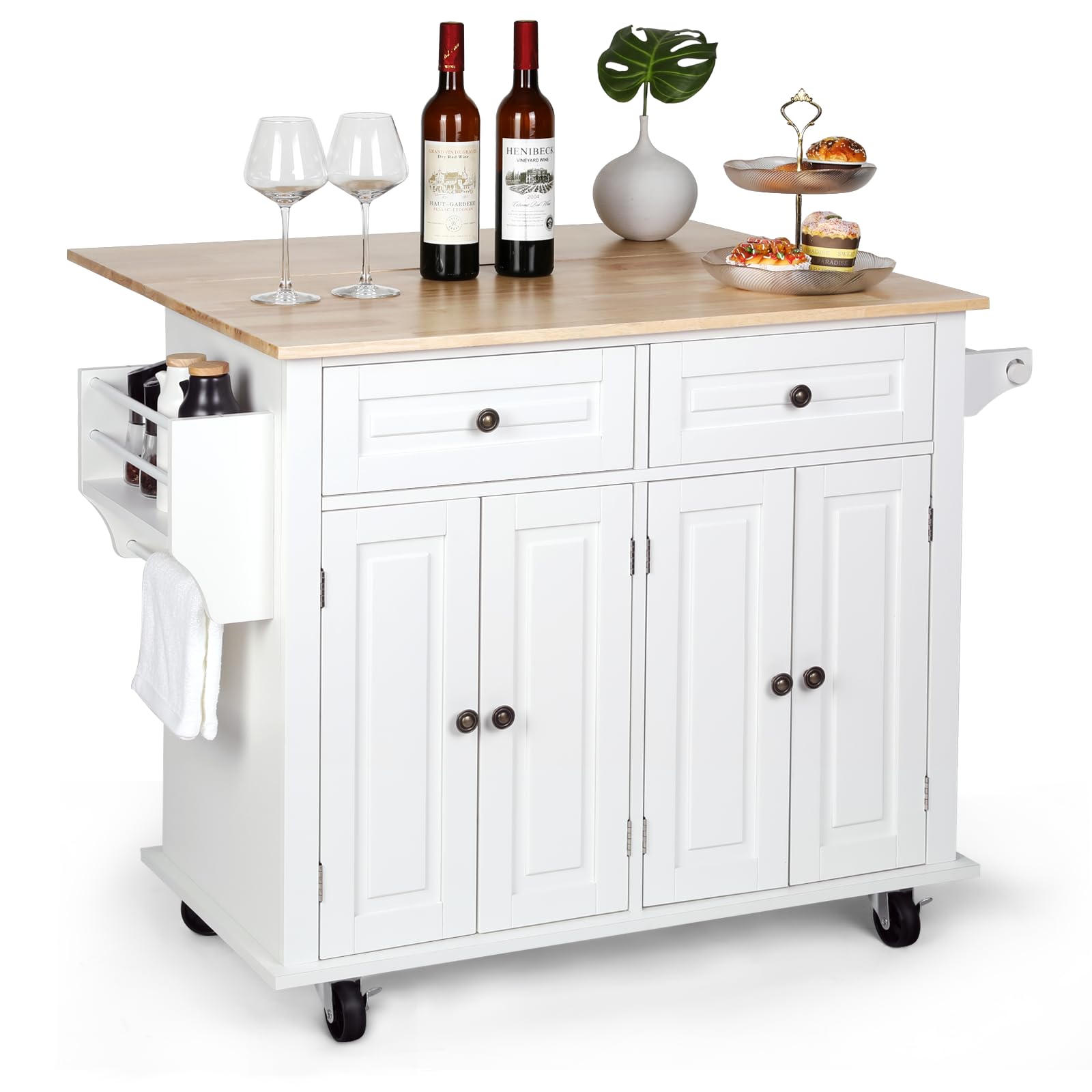 VOWNER 43" Kitchen Island with Drop Leaf, Island Table Kitchen with Storage, Solid Wood Countertop Rolling Kitchen Cart for Kitchen, Living Room - WoodArtSupply