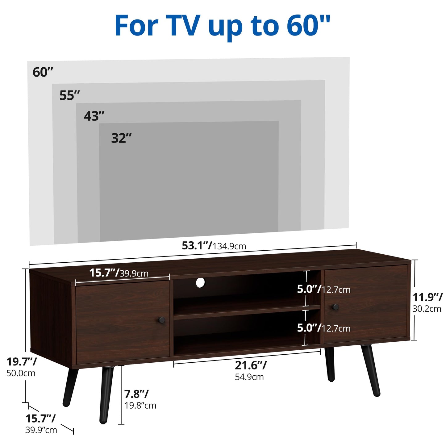 Cozy Castle Modern TV Stand for 55/60 inch TV, Entertainment Center with Adjustable Shelf and Storage Cabinets, TV Media Console for Living Room, Bedroom and Office, Brown