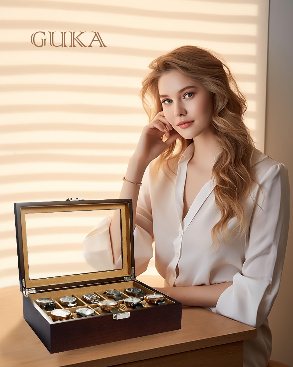 GUKA Watch Box, 10 Slot Watch Case with Real Glass Lid, Wood Watch Display Case with Cloth Watch Pillow, Watch Storage Box for Men and Women, Brown GUKA