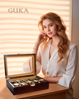 GUKA Watch Box, 10 Slot Watch Case with Real Glass Lid, Wood Watch Display Case with Cloth Watch Pillow, Watch Storage Box for Men and Women, Brown GUKA