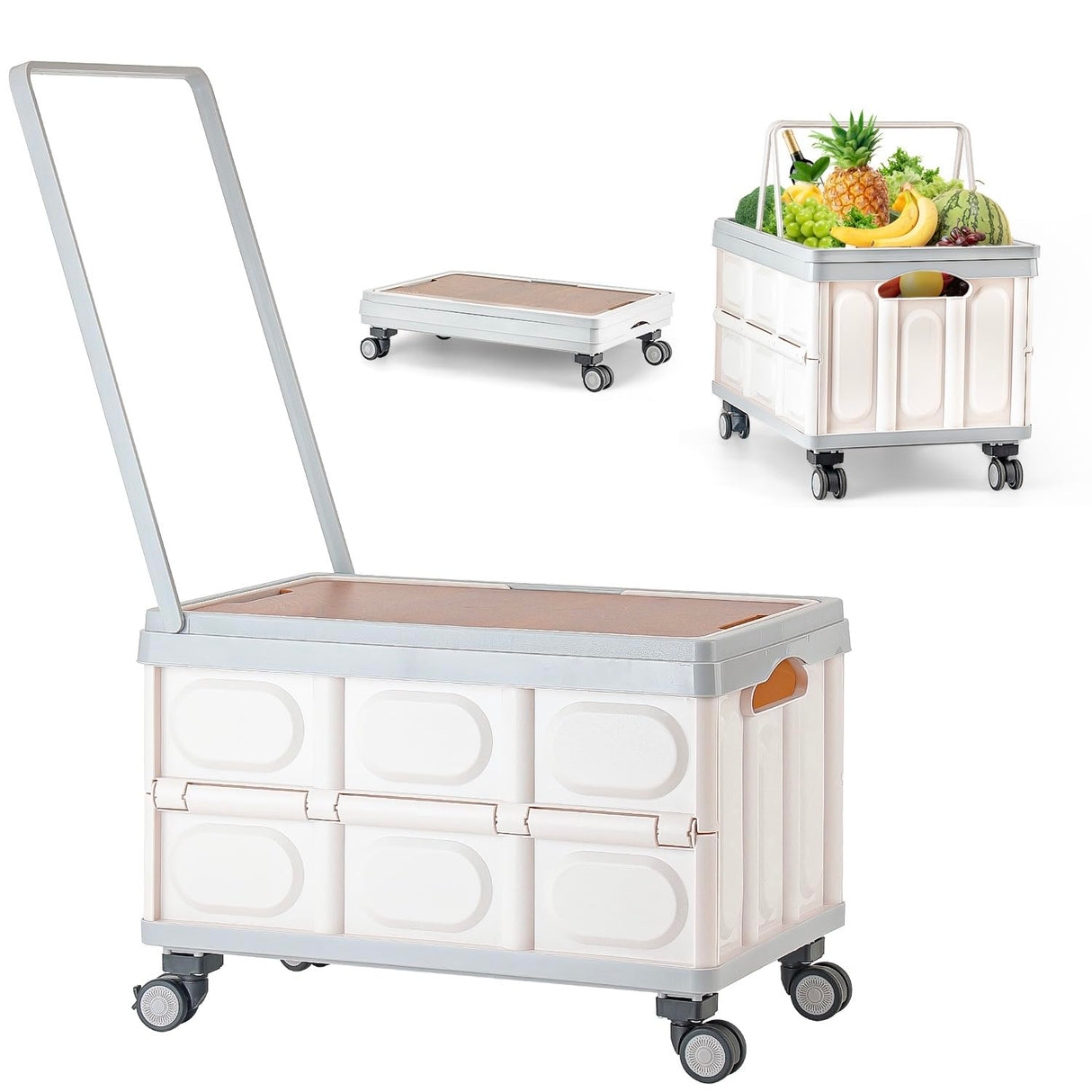 Foldable Utility Cart with Wooden Cover,Folding Portable Rolling Crate with 360° Swivel Wheels,Foldable Camping Basket Supplies,Portable Storage Crate Containers for Camping,Shopping,Office Fanboxk