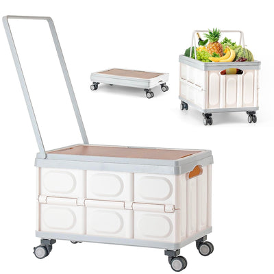 Foldable Utility Cart with Wooden Cover,Folding Portable Rolling Crate with 360° Swivel Wheels,Foldable Camping Basket Supplies,Portable Storage Crate Containers for Camping,Shopping,Office