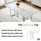79" Dining Table,White Gloss Kitchen Table,1.57" Thick MDF Board Table Top Coated by Faux Marble Pattern with Chrome Plate Metal Base,Modern Dining Table for 10 People MEMUY