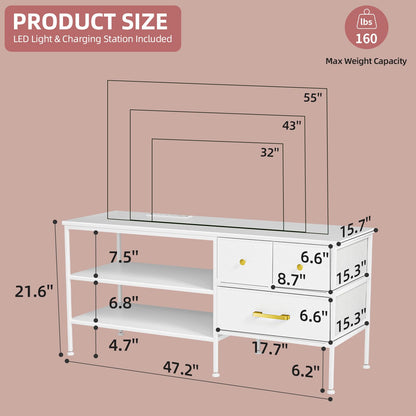 YILQQPER TV Stand with LED Lights & Power Outlet for 55 Inch TVs, Entertainment Center with 3 Storage Drawers and Shelves, TV Stands for Living Room and Bedroom, 50" TV Console, White