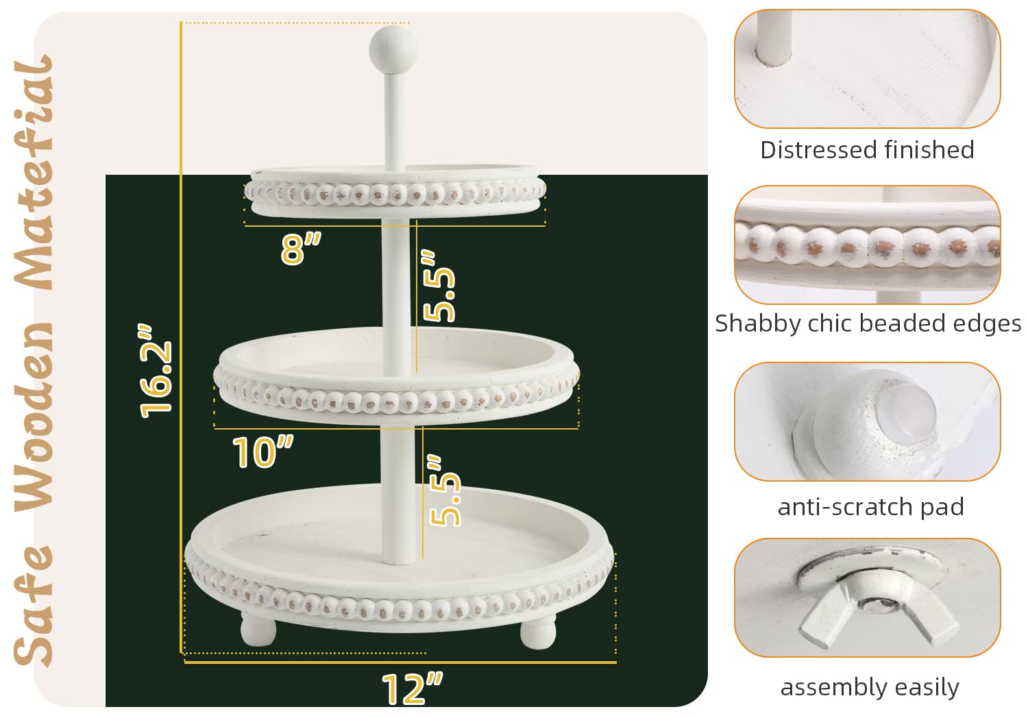 SwallowLiving Farmhouse 3 Tier Tray, White Three Tiered Tray Wood Stand with Shabby Chic Beaded for Home & Kitchen or Coffee Bar Decorations, 12.4 x 12.4 x 16.5 inchs - WoodArtSupply