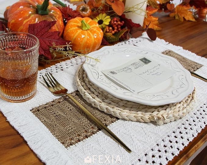 FEXIA Boho Placemats Set of 6, Macrame Table Decor Farmhouse Style Placemats in Natural Cotton Burlap, for Kitchen and Dining Table Centerpiece Home Decorations（Beige & Brown） FEXIA
