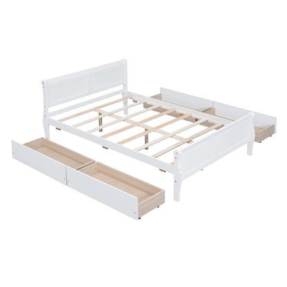 Harper & Bright Designs Full Size White Platform Bed with 4 Storage Drawers and Elegant Headboard - WoodArtSupply