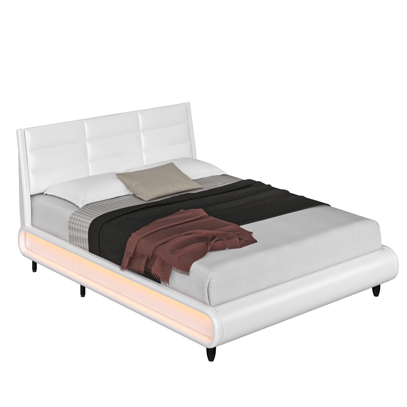 HOSTACK Queen Size Upholstered Bed Frame with Smart LED Lighting and Adjustable Headboard, Modern Low Profile Sleigh Design - WoodArtSupply