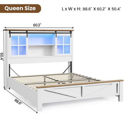 BTHFST Farmhouse Queen Bed Frame 50.39" Bookcase Headboard with LED Lights & Charging Station, Queen Size Wood Storage Bed with Sliding Barn Door, Noiseless, No Box Spring Needed, White - WoodArtSupply