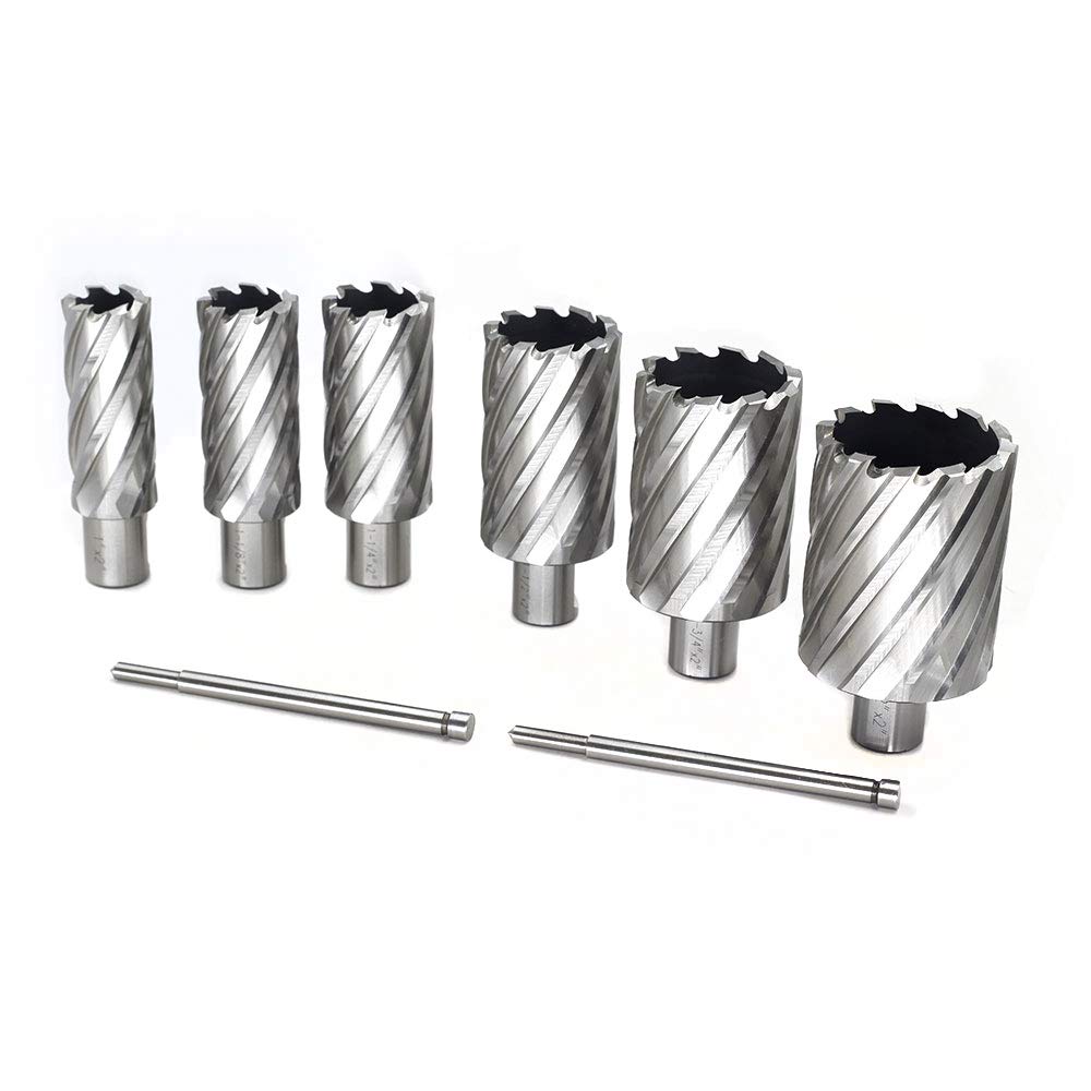 Annular Cutter Set 6pcs JESTUOUS 3/4 Inch Weldon Shank 2 Inches Cutting Depth 1 to 2 Cutting Diameter Two Flat HSS Slugger Bits for Drill Press with 2 Pilot Pins - WoodArtSupply