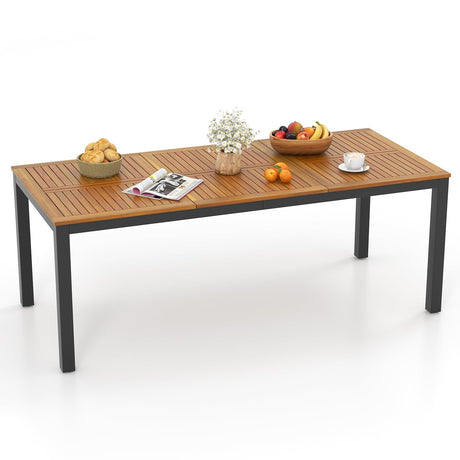 Tangkula 8-Person Outdoor Dining Table, 79 Inch Acacia Wood Patio Table with Umbrella Hole, Metal Legs & Adjustable Foot Pads, Farmhouse Bistro Table for Garden, Poolside & Backyard Tangkula