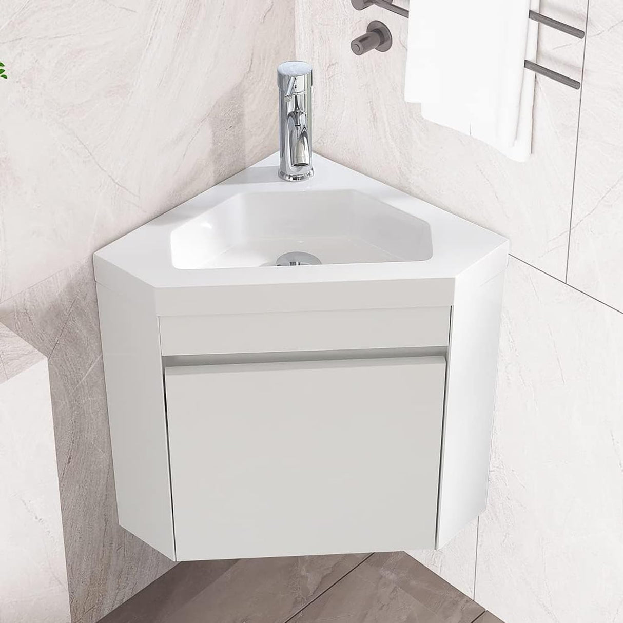 wonline 16" Corner Bathroom Vanity Sink Combo for Small Space Wall Mounted Cabinet Set Design White Resin Basin Sink Top Chrome Faucet and Drain wonline