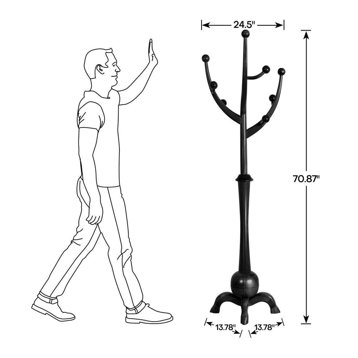 Heavy Duty Coat Rack Freestanding Wood Tree Rack with 8 Hooks, Unique Design Tree Branch-look, Premium Coat Tree Clothes Hanger Stand with Sphere Base for Entryway, Hallway, Bedroom-Load 160lbs Black Bekrvio