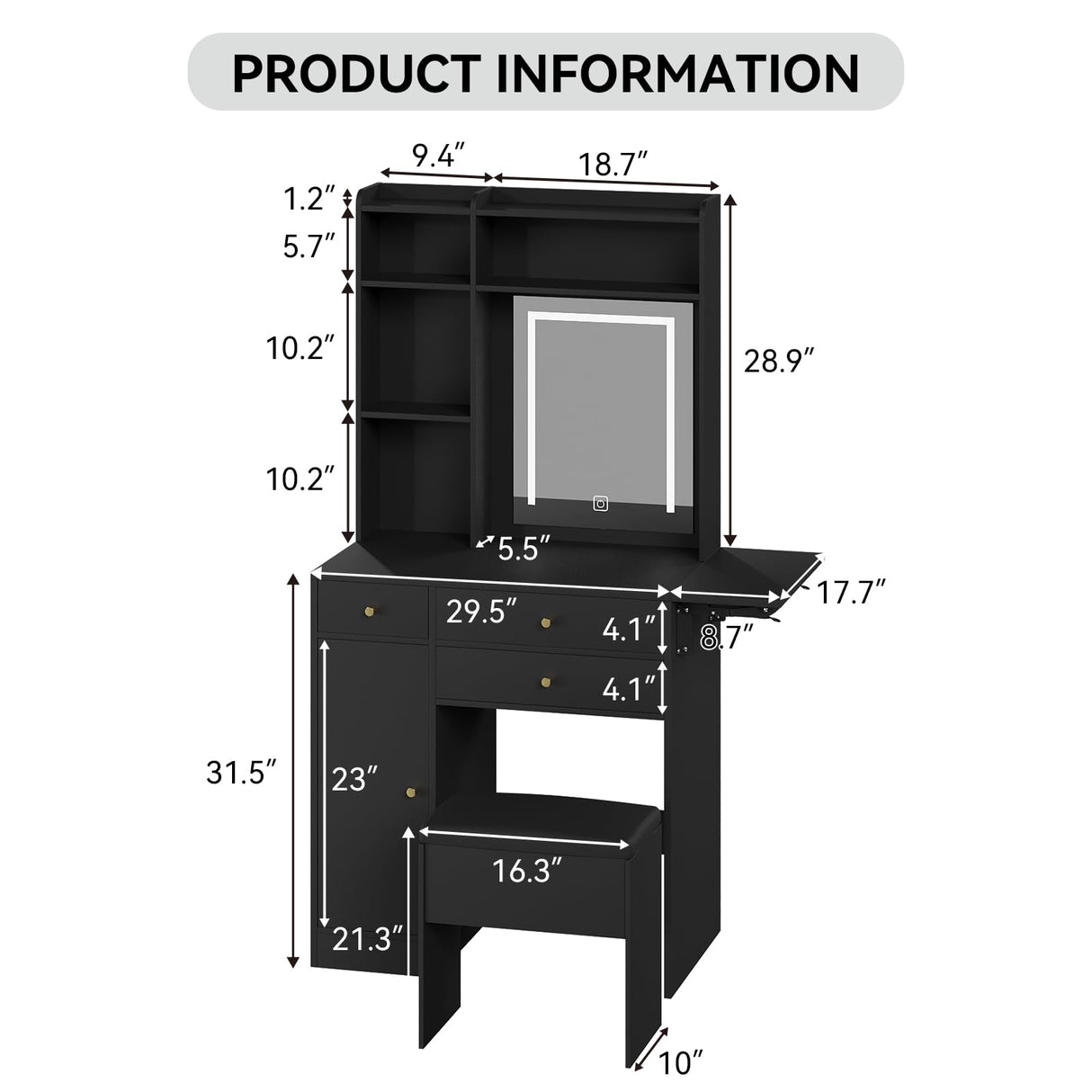 ARTETHYS Vanity Desk with Mirror and Lights Black Vanity Set with Storage Chair Dressing Table with Drawer Makeup Desk with Fold-up Panel for Bedroom ARTETHYS