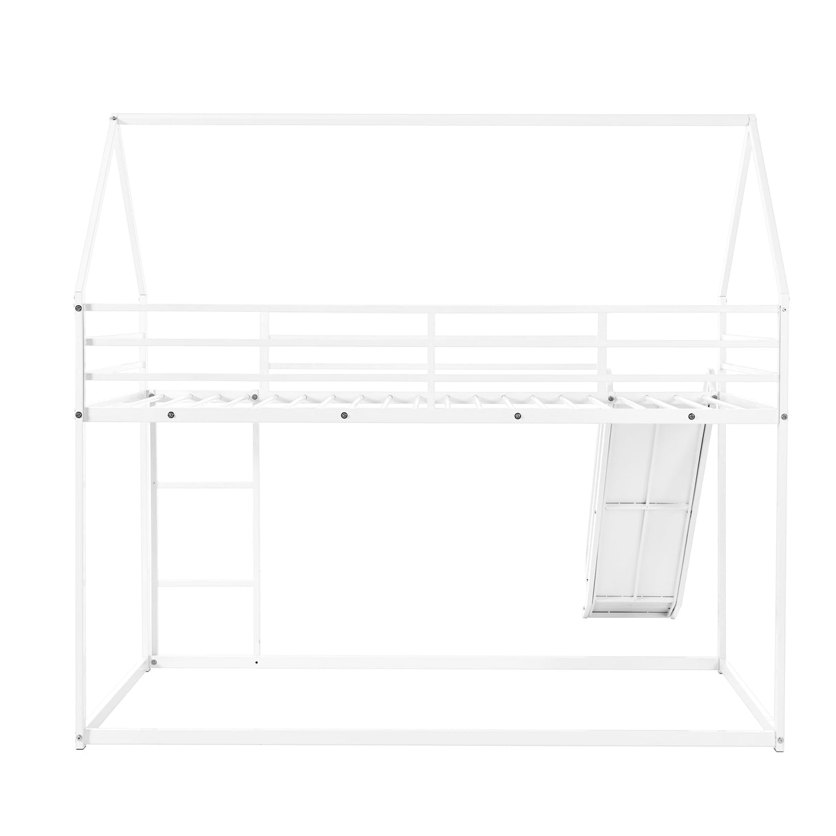 AEMSOFK Twin Over Twin Metal Floor Bunk Bed with Slide,Metal Junior House Twin Size House Bunk Bed Frame with Ladder & Roof for Boy Girl, No Box Spring Needed,Low Bunk Bed Frame with Convertible Slide AEMSOFK