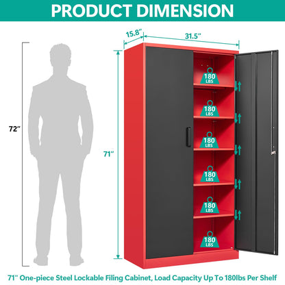 Garage Storage Cabinet with 5 Adjustable Shelves,Metal Storage Cabinet with Lock,Red Black Metal Cabinet with Locking Doors,Steel Cabinet,71" Lockable Storage Cabinet for Home,Office,Garage Cabinets