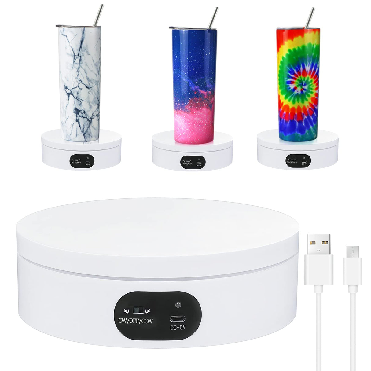 USLINSKY Exhibition Stand for Sublimation Tumbler, 360° Automatic Mute Rotating Revolving Platform 12oz, 20oz&50oz Heat Press Blanks Tumblers Skinny Straight, Cup(White), White-01 (ZT-001) USLINSKY