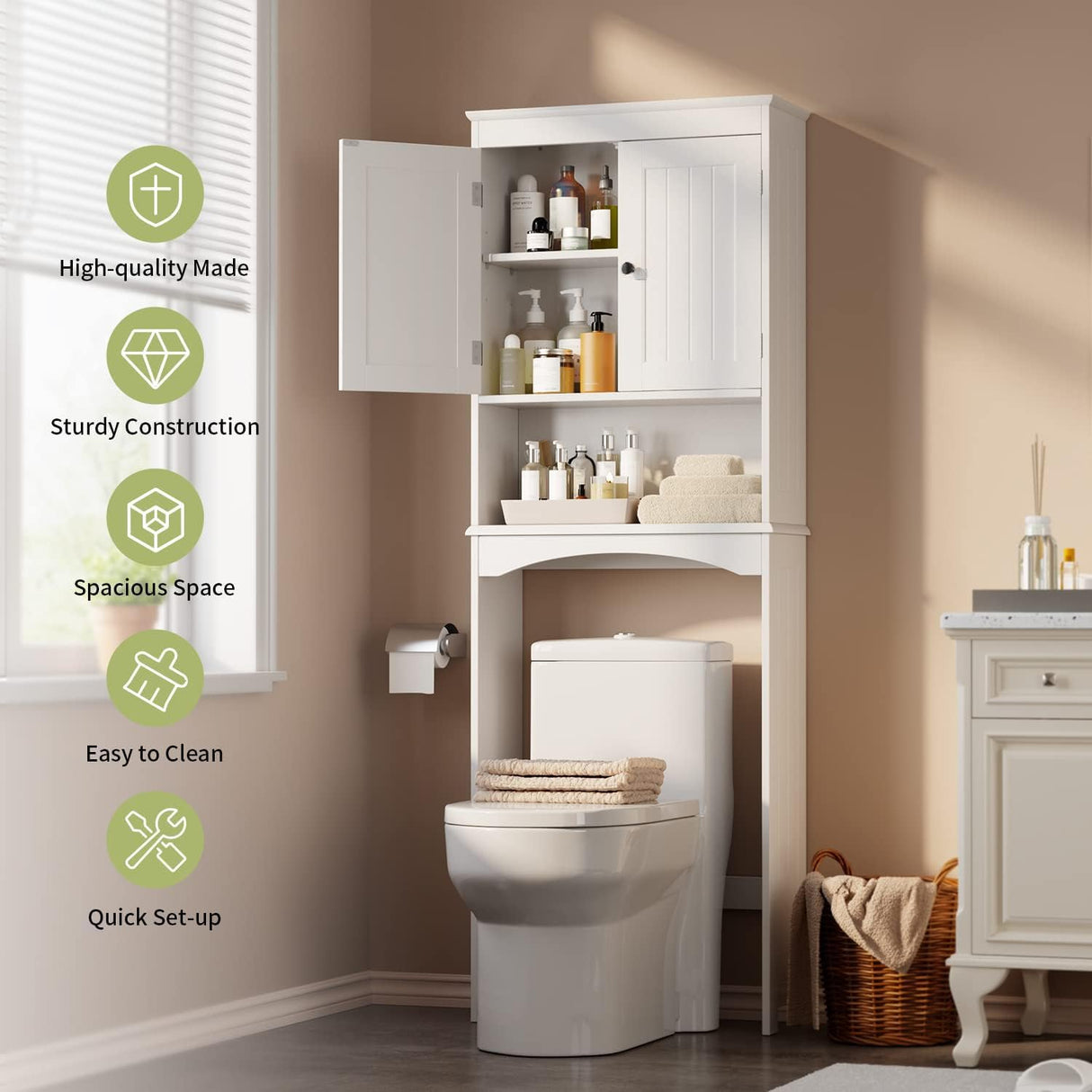 Gizoon Over The Toilet Storage Cabinet with Adjustable Shelf and Double Doors, Bathroom Space Saver Organizer Above Toilet with Open Shelf, Taller Wooden Free Standing Toilet Rack -White Gizoon