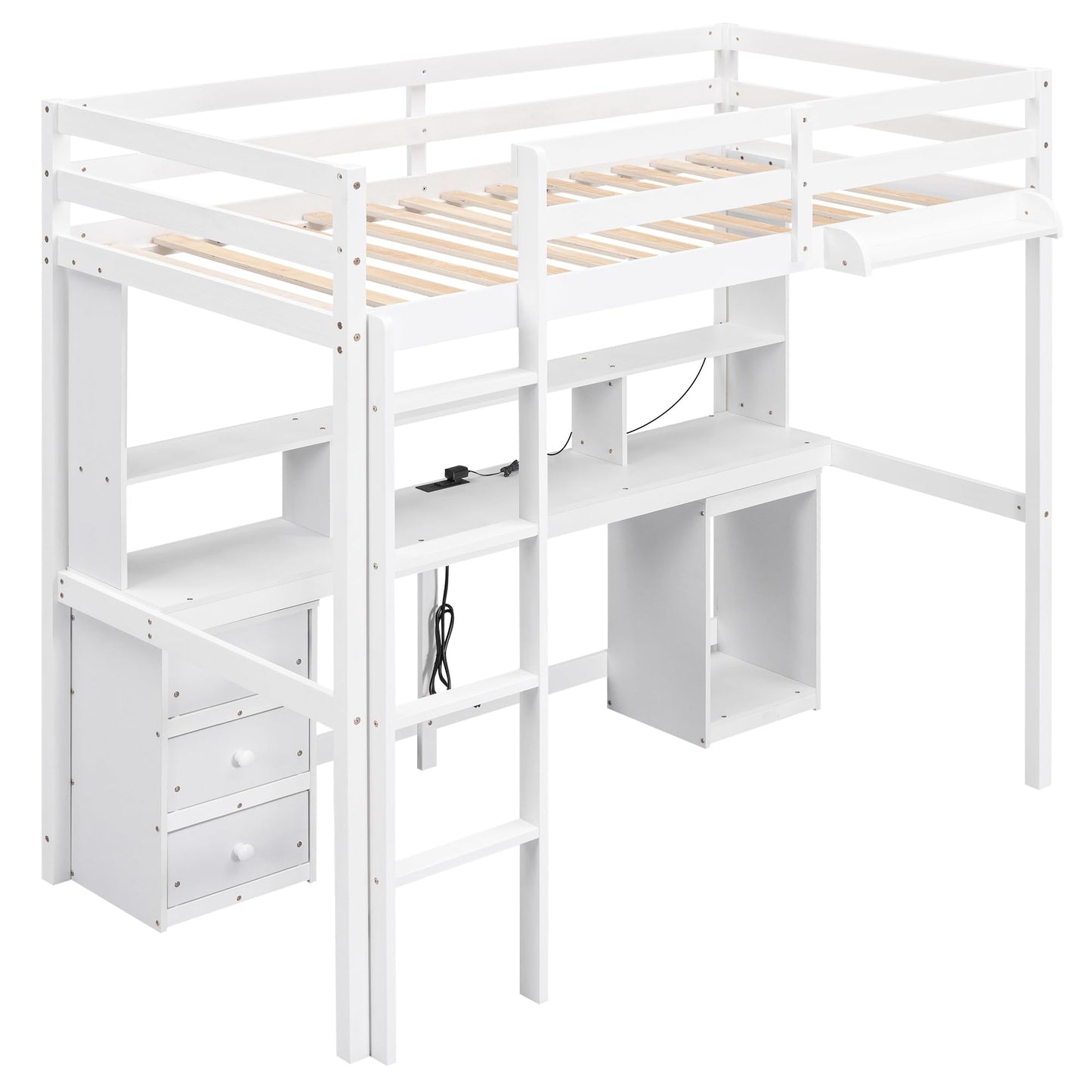 CITYLIGHT Multifunctional Twin Loft Bed with Desk, Storage and Charging Station in White - WoodArtSupply