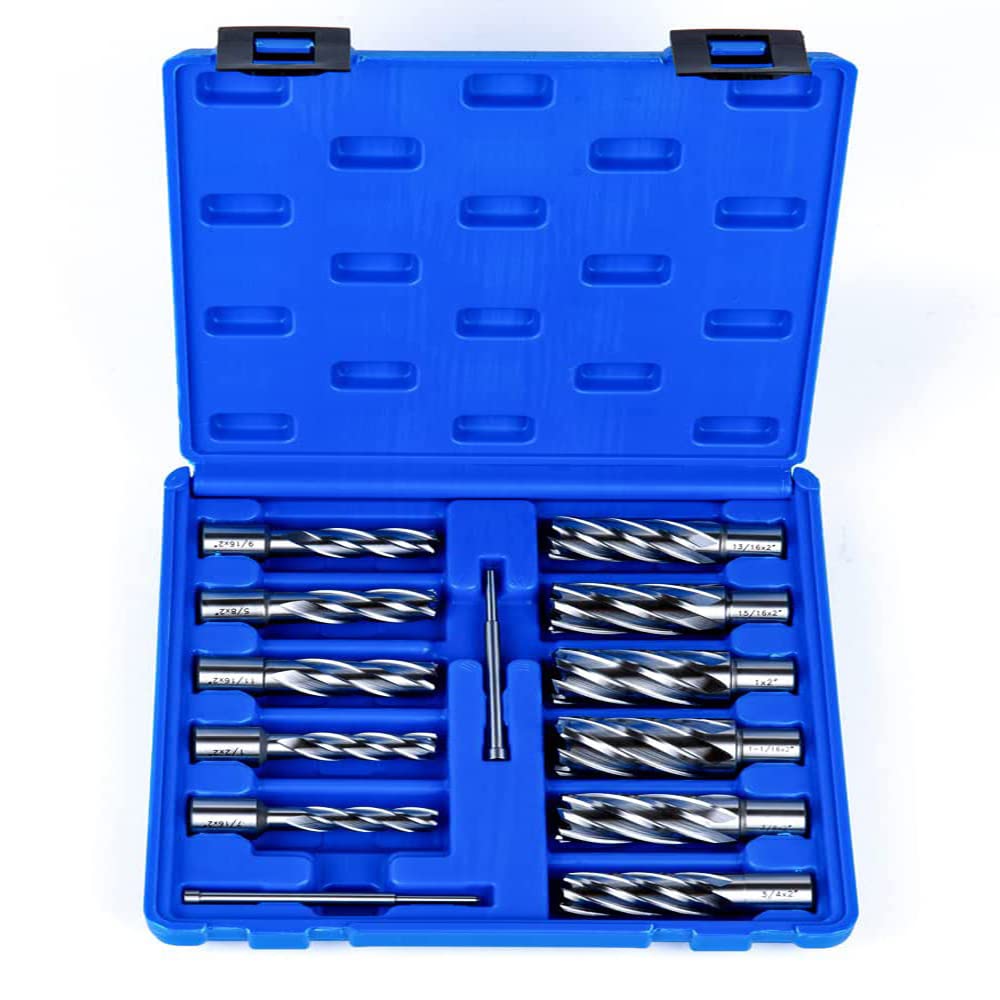 OSCARBIDE Annular Cutter Set 13pieces,2"Cutting Depth,3/4"Weldon Shank and 7/16 to 1-1/16 inch Cutting Diameter Mag Drill Bits for Magnetic Drill Press with 2pcs Pilot Pins OSCARBIDE