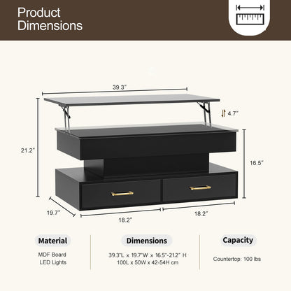 AOVSA Modern Lift Top Coffee Table with LED Lights, Lift Top Coffee Table with Storage, Lift top Coffee Table with 2 Drawers and Hidden Compartment for Living Room Black - WoodArtSupply