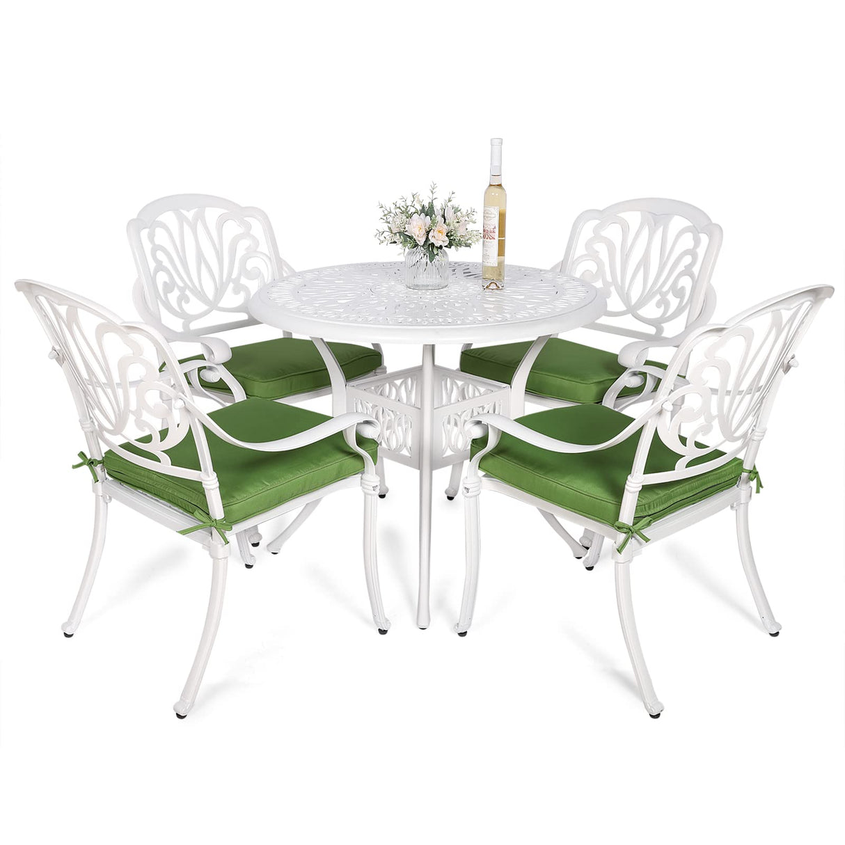 VIVIJASON 5-Piece Patio Furniture Dining Set, All-Weather White Cast Aluminum Outdoor Conversation Set, Include 4 Cushioned Chairs and a 35.4" Round Table w/Umbrella Hole for Balcony Lawn Garden VIVIJASON
