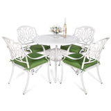 VIVIJASON 5-Piece Patio Furniture Dining Set, All-Weather White Cast Aluminum Outdoor Conversation Set, Include 4 Cushioned Chairs and a 35.4" Round Table w/Umbrella Hole for Balcony Lawn Garden VIVIJASON