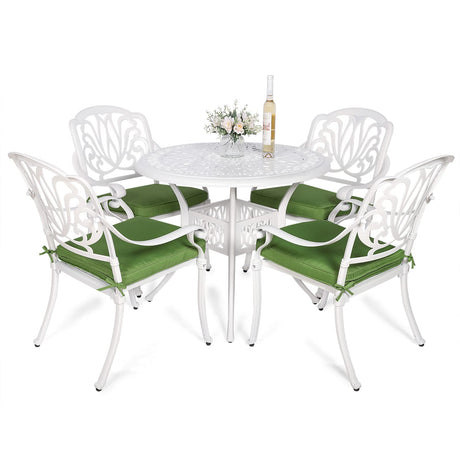 VIVIJASON 5-Piece Patio Furniture Dining Set, All-Weather White Cast Aluminum Outdoor Conversation Set, Include 4 Cushioned Chairs and a 35.4" Round Table w/Umbrella Hole for Balcony Lawn Garden VIVIJASON