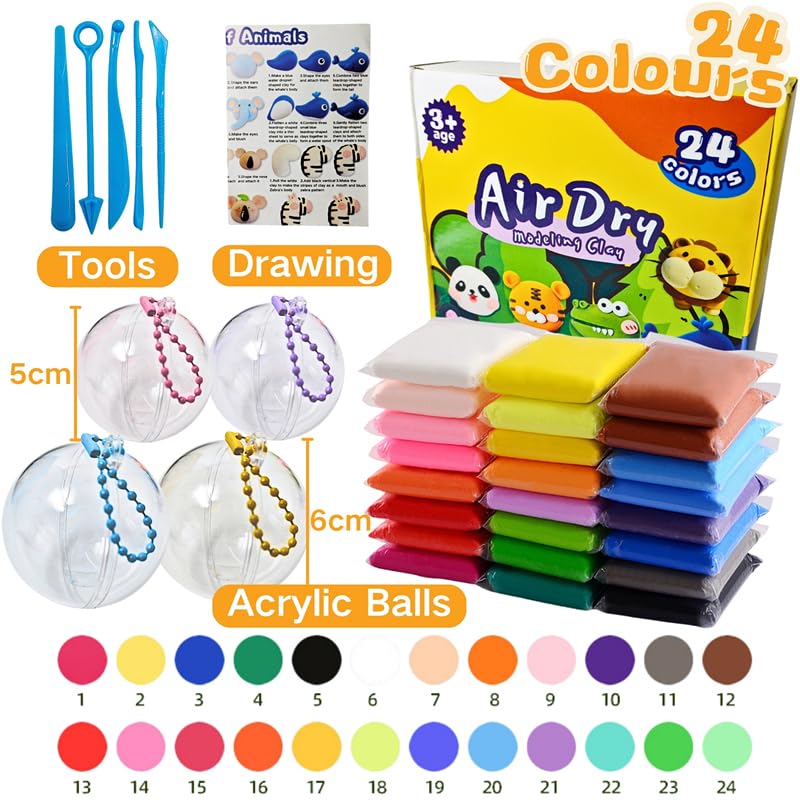 Air Dry Clay Kit,24 Colors Modeling Clay with 5 Sculpting Tools,4 Plastic Balls,Ball Chains and Tutorials,Foam Clay,Model Magic Clay - DIY Present for Boys & Girls NafuXiaJJia