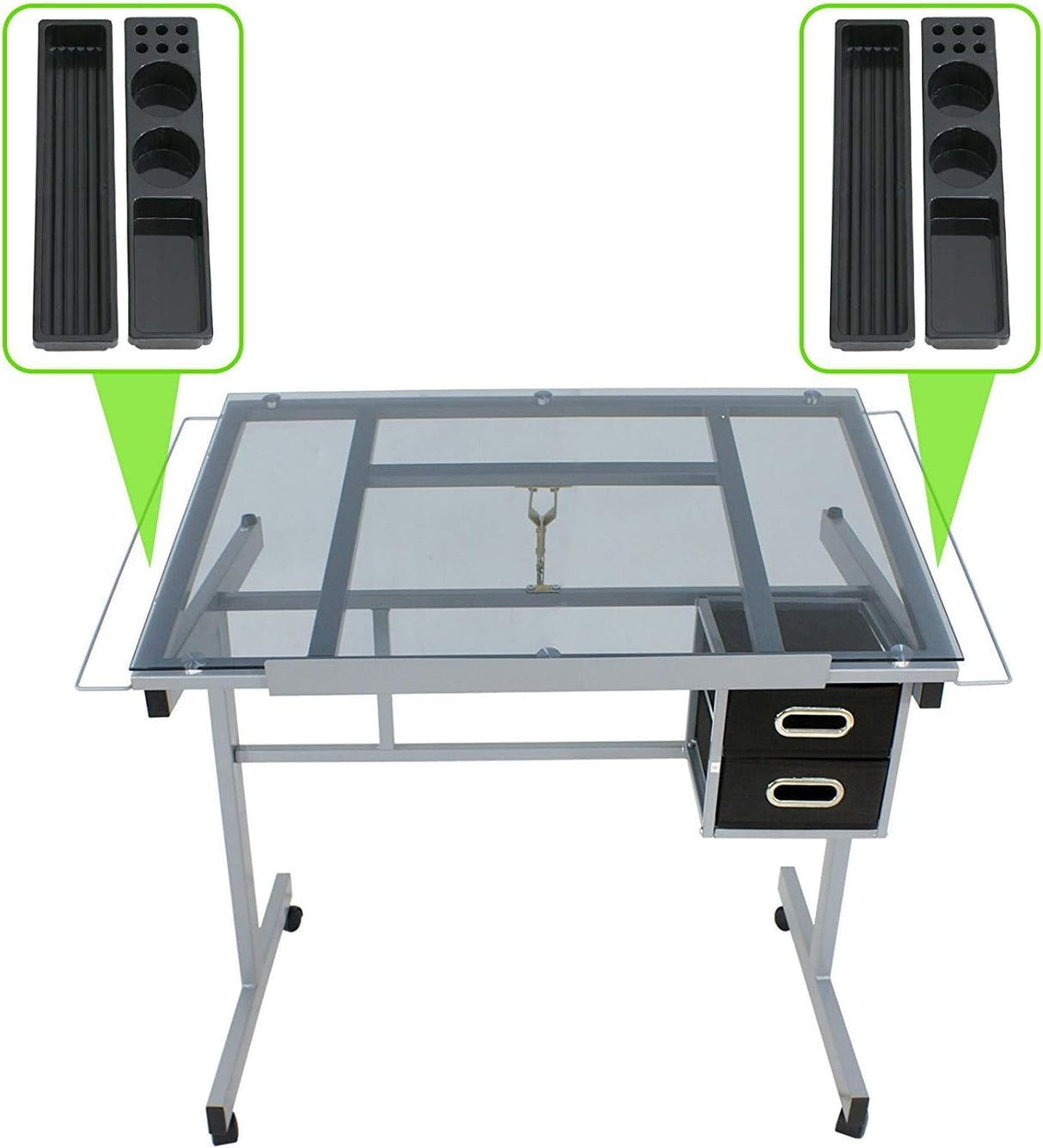 Oteymart Adjustable Drafting Table with Glass Tabletop, Art Desk and Craft Work Station, Includes 2 Slide Drawers and Wheels for Home Office, Ideal for Reading, Writing, and Painting Oteymart