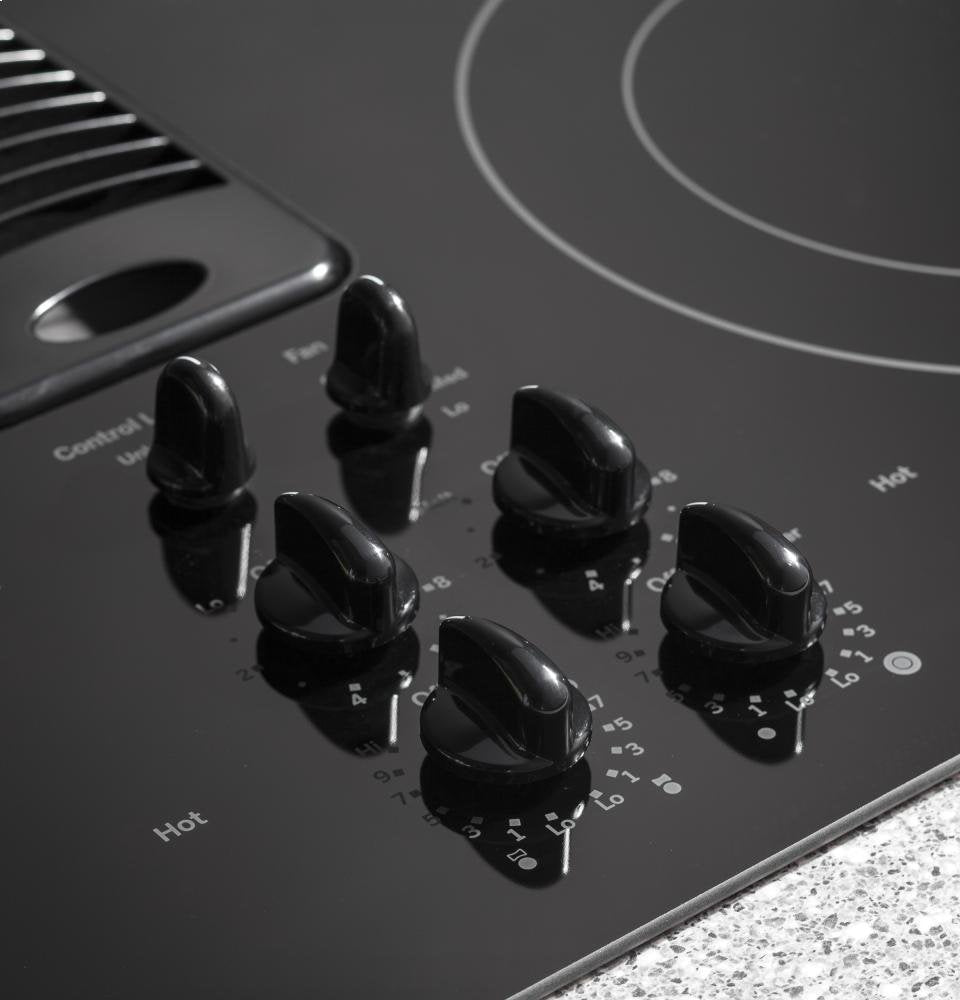 GE PP9830DJBB Profile Series Electric Cooktop with 4 Burners and 3-Speed Downdraft Exhaust System, 30", Black GE