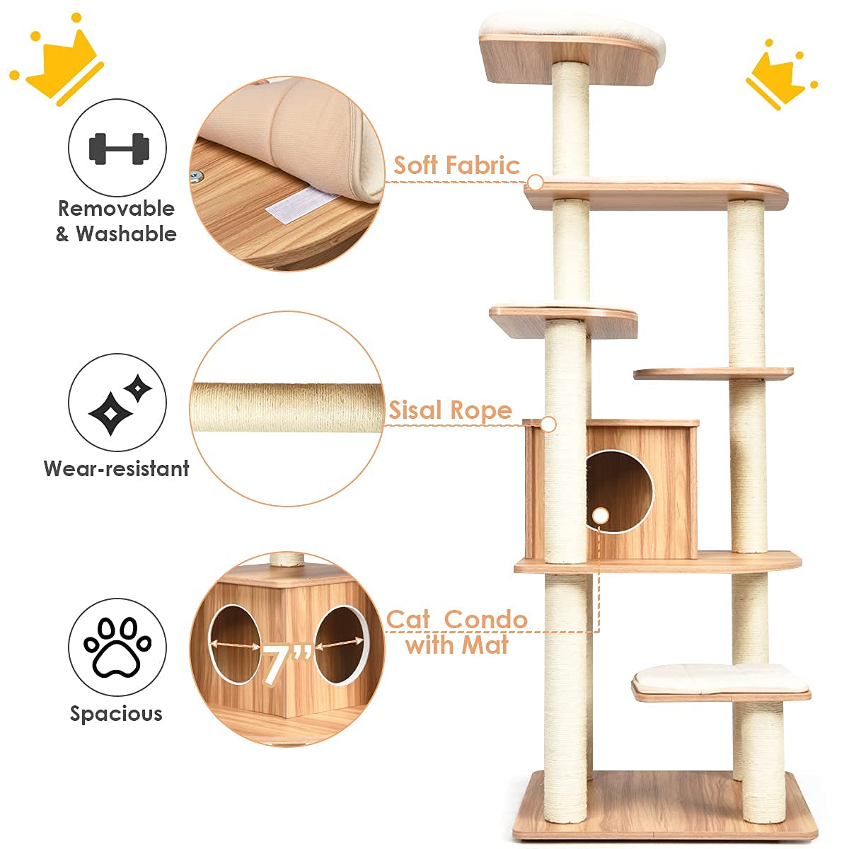 Tangkula Tall Cat Tree, 69-Inch Modern Cat Tower with Sisal Rope Scratching Posts, Wood Cat Tree with Multi-Layer Platform, Cat Condo Furniture with Washable Cushions for Indoor Cats Large Ad - WoodArtSupply