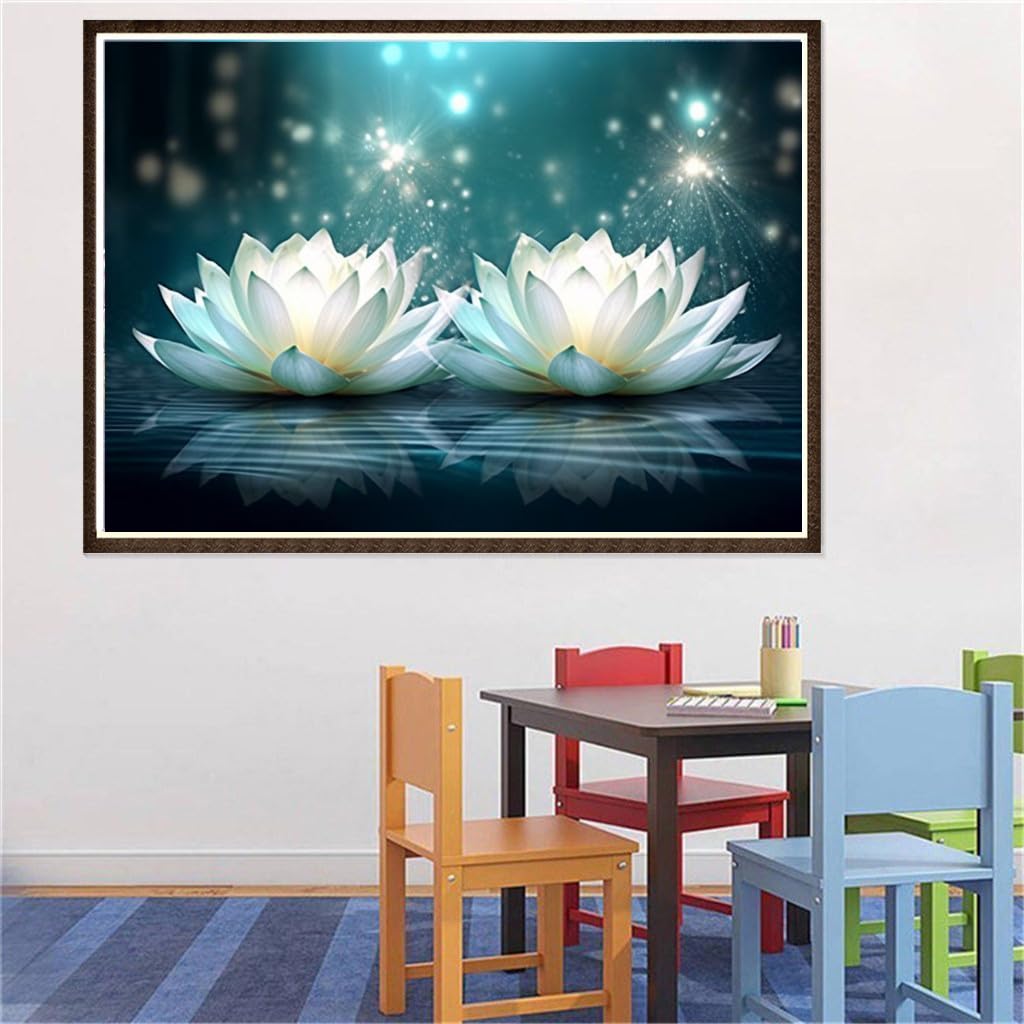 pigpigboss Water Drop Lotus Flower Diamond Painting Art Kit, 5D Full Round Drill Crystal Lotus Flower Diamond Art Set for Adult Beginner Home Office Holiday Wall Decor (16 x 12 inches) pigpigboss