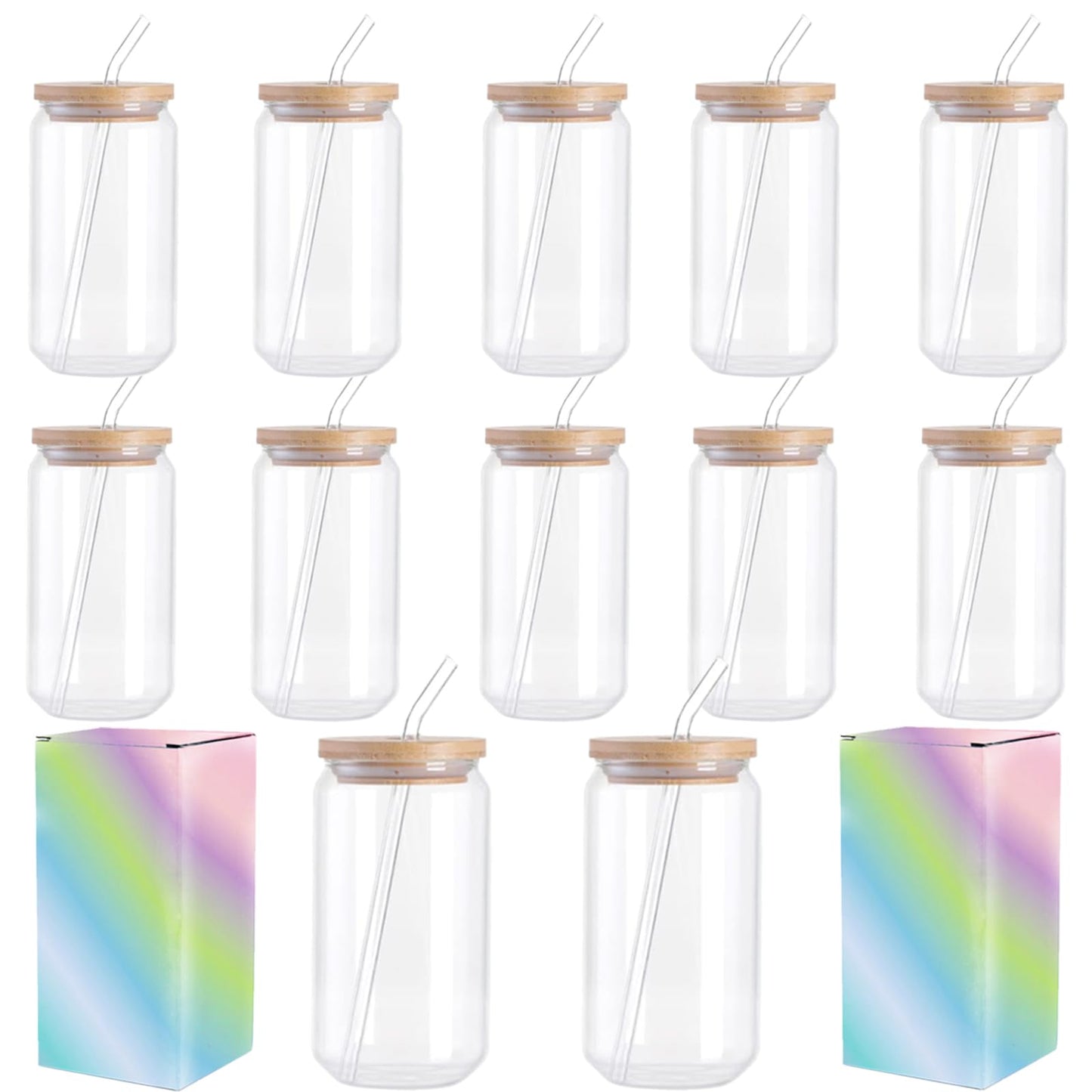 ABBSH Sublimation Glass Blanks, Sublimation Clear Glass Tumbler 16OZ, Sublimation Beer Can Glass, Frosted sublimation Glass Cups With Bamboo Lids And Straws 12Pack