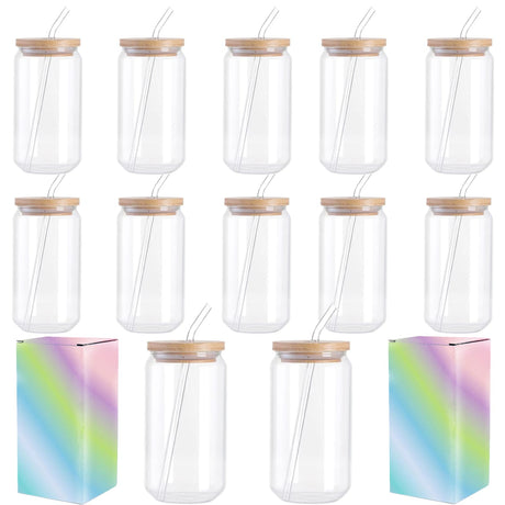 ABBSH Sublimation Glass Blanks, Sublimation Clear Glass Tumbler 16OZ, Sublimation Beer Can Glass, Frosted sublimation Glass Cups With Bamboo Lids And Straws 12Pack ABBSH