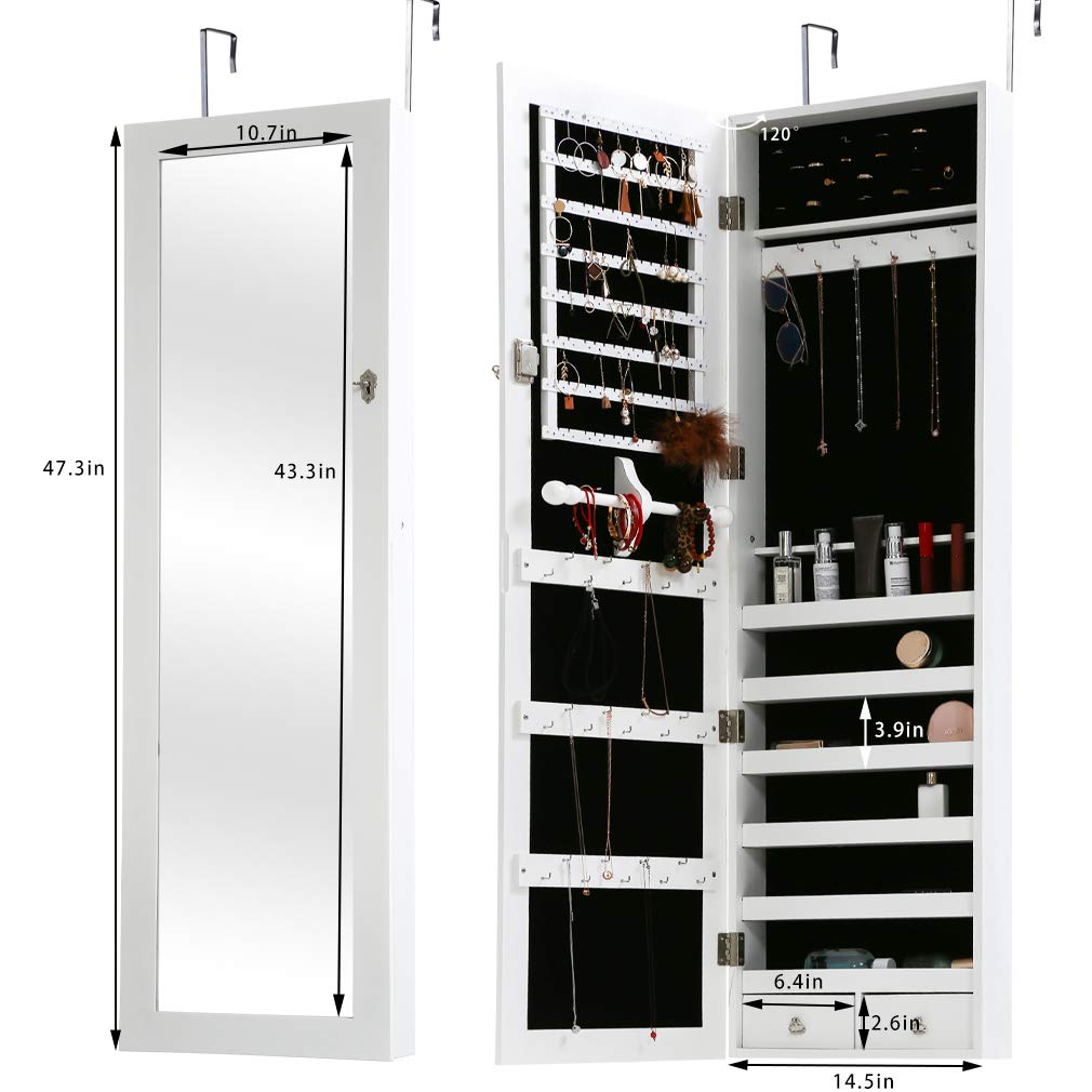 FDW Jewelry Cabinet 47.3" H Wall/Door Mounted Lockable Jewelry Armoire Organizer with Mirror With 2 Drawers 6 Shelves 43.3"×10.6" Mirror High Capacity Jewelry Organizer (White) FDW