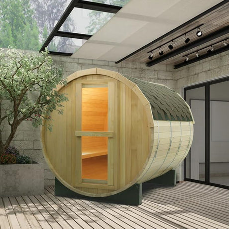 AURGOD Outdoor Barrel Steam Sauna, Canadian Hemlock Wood Sauna Room for 4-6 Person, Broad Benches, Luxurious Texture AURGOD