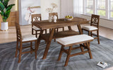 Kitchen Dining Table Set 6 Piece Wooden Counter Height Dining Table Set with Storage Shelf, Rectangular Dining Table with 4 Upholstered Chairs and 1 Bench, Rustic Style, Walnut with Beige Cushion Merax