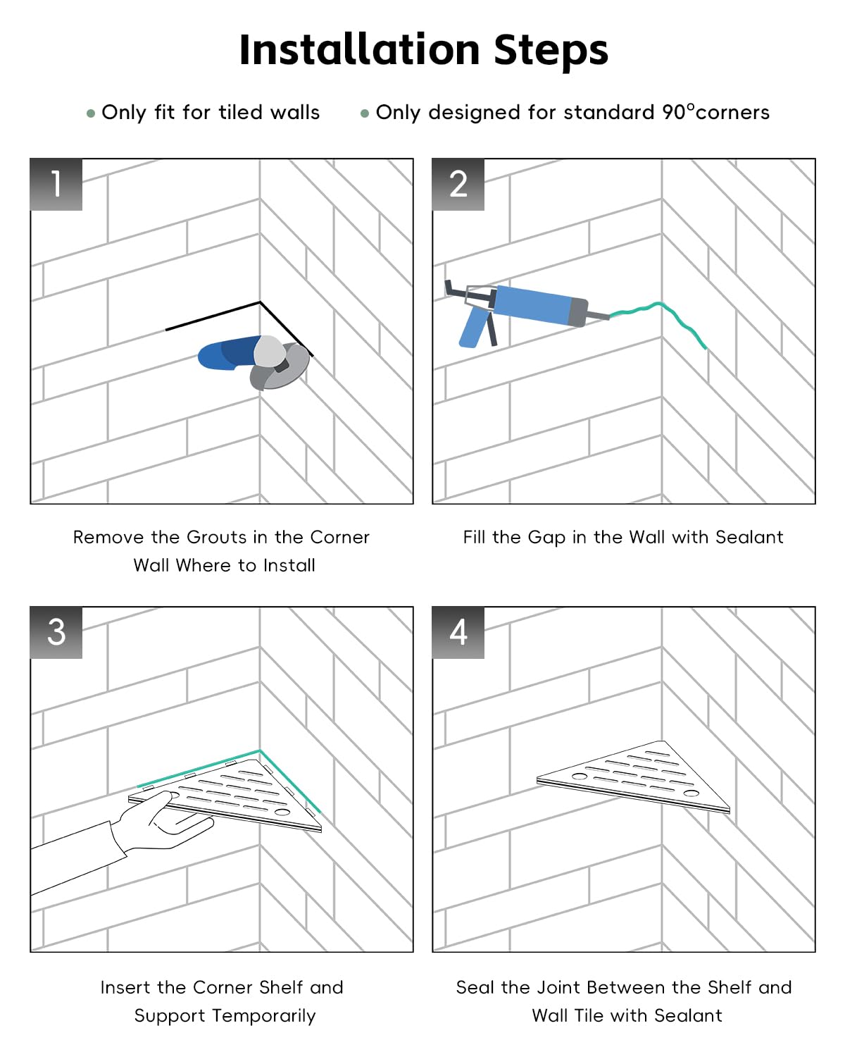 DAYONE 2 Pack Corner Shower Shelves 10", Chrome 304 Stainless Steel Recessed Bathroom Shelf with Razor Holding Hole and 2 Hools, for Tiled Wall No Drilling Needed DAYONE