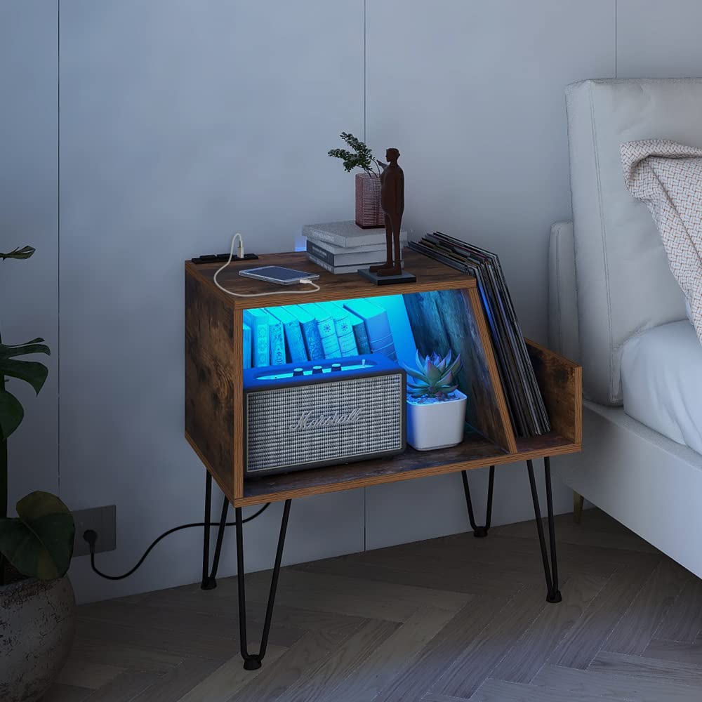 Tohomeor Vinyl Record Player Stand with LED Light Charging Station USB Port Turntable Stand LPs Album Storage Cabinet Wooden Sofa End Table Nightstand for Bedroom Living Room Office Tohomeor