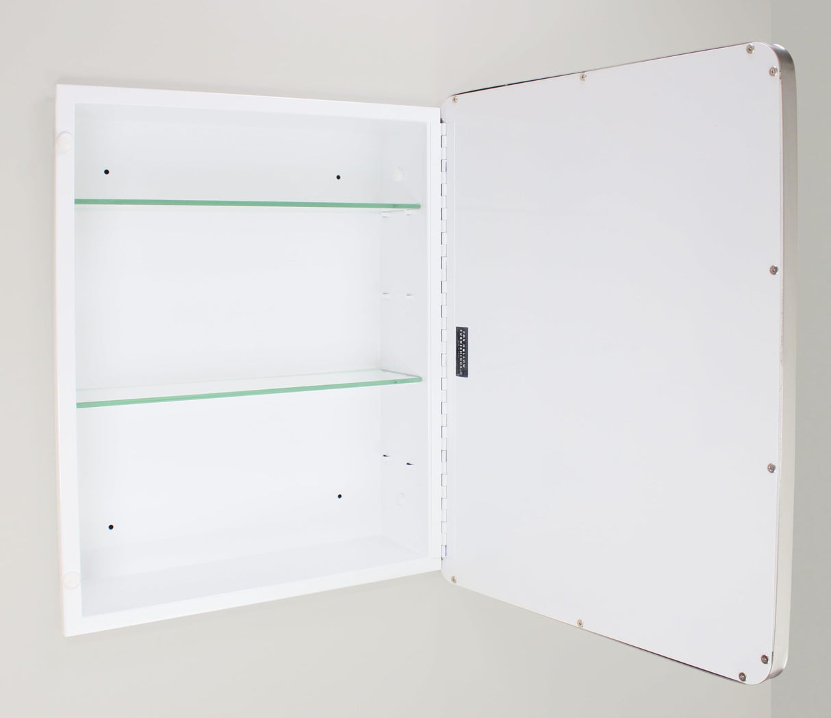 16x20 Austin Farmhouse Metal Framed Rounded Rectangle Recessed Bathroom Medicine Cabinet, Beveled Mirror, 14x18 in-Wall Opening, powder-coated Steel, Glass Shelves, Magnet Close, Brushed Nickel Fox Hollow Furnishings