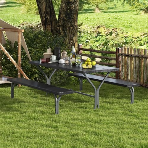 Giantex Picnic Table 6FT for 8 Person, Outdoor Table Set w/ 2 Benches, All-Weather HDPE Rectangular Tabletop, Heavy Duty Metal Legs, Umbrella Hole, for Patio Yard Lawn Party (Black) Giantex